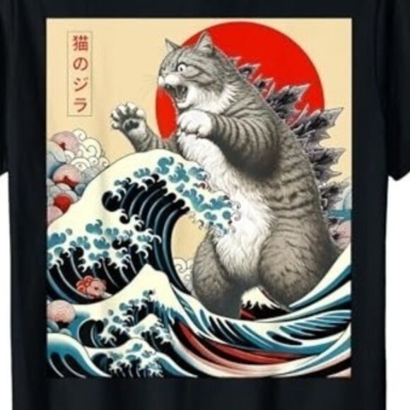 Catzilla Cat Japanese Art Funny Cat Gifts T-Shirt - Picture 2 of 3